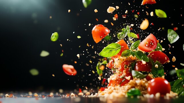 A pile of assorted food items flying into the air creating a dynamic food concept image