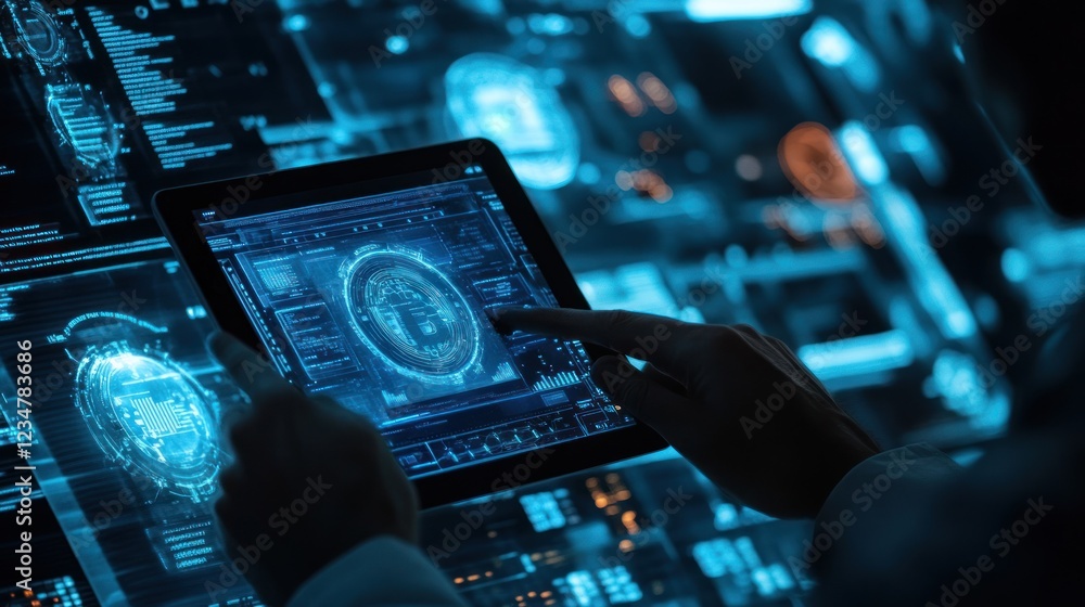 Aufkleber person interacting with a digital interface displaying blue geometric patterns