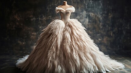 Elegant Feather Dress on Display in Dim Light