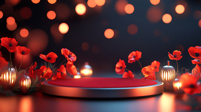 Remembrance Day Podium with Red Poppies and Soft Lighting