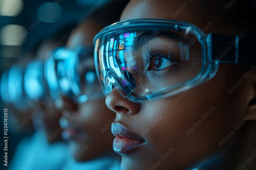 Poster Close-up of diverse individuals wearing protective goggles in a high-tech laboratory setting during a scientific experiment