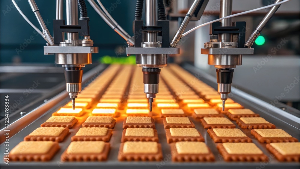Poster three robotic arms using food printing technology are processing biscuits on a conveyor belt in a mo