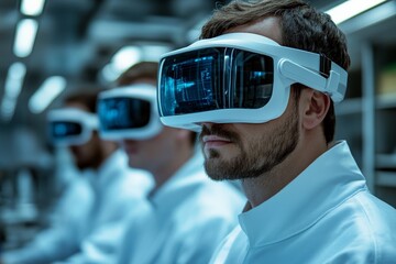 Group of researchers engaged in virtual reality simulation in a modern lab during a technology workshop