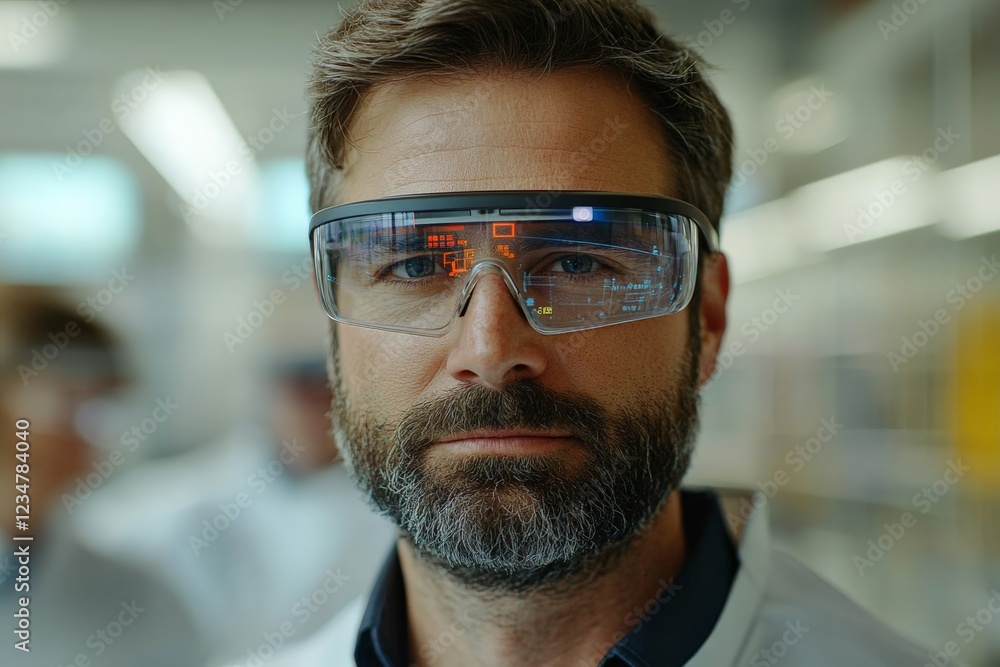 Poster scientist wearing smart eyewear in a laboratory setting during a research experiment