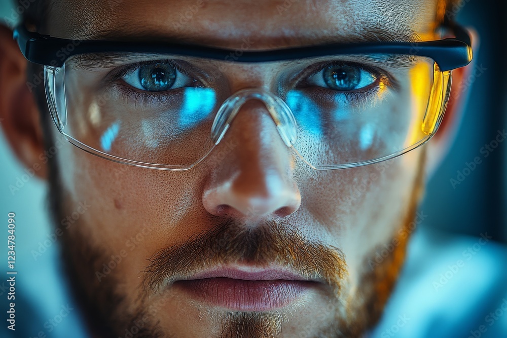 Poster focused scientist working on research with protective gear in a lab environment during evening hours
