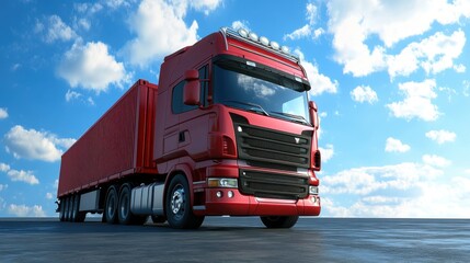 A red semi-truck with a cargo container under a bright blue sky.