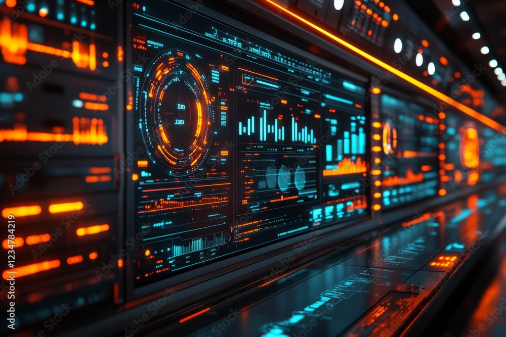 Leinwandbilder Futuristic control room with glowing interfaces showcasing data and analytics during a late-night operation