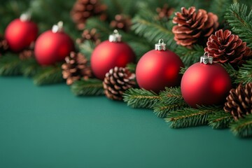 Naklejka premium Festive red ornaments and pine cones arranged on green background for holiday decoration