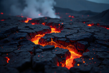  Erupting volcano with glowing lava and thick smoke at dusk.