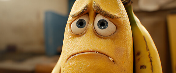 Close-up of a sad, animated banana character with big eyes and a frown, representing a whimsical, emotional expression on a yellow banana with a neutral background.