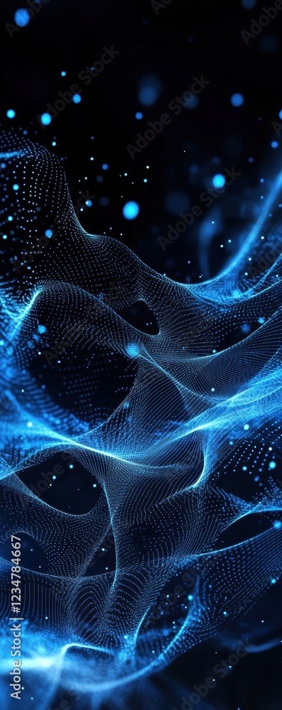 Poster an abstract representation of flowing blue waves interspersed with glowing particles, creating a mes
