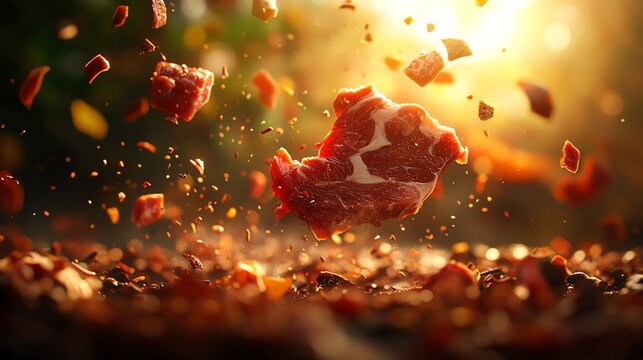 Fresh meat falling through the air above a bustling food market with various products on display