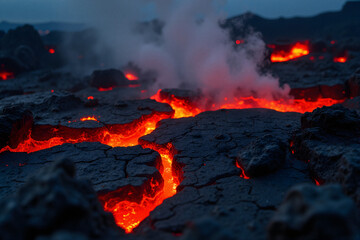  Erupting volcano with glowing lava and thick smoke at dusk.