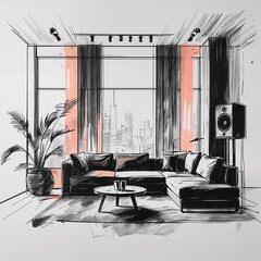 Music lounge area art black and white flat design simple line hand drawing on plain white background