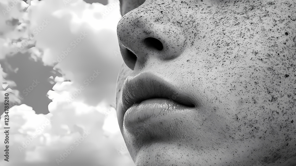Poster freckled face illuminated by soft light, with a backdrop of clouds creating a serene and ethereal at