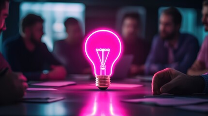 A glowing pink light bulb sits at the center of a meeting table, surrounded by individuals engaged in discussion, symbolizing ideas and creativity.