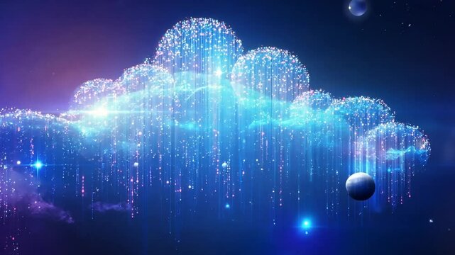 A cosmic data cloud floating in deep space, connected to multiple planets with luminescent data pipelines, symbolizing interplanetary data sharing and cloud computing expansion beyond Earth
