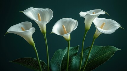 Five white calla lilies on dark green background