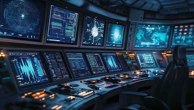  A empty space mission control center with screens displaying data and tracking satellites. ,
