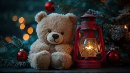 Cozy teddy bear with lantern illuminates festive christmas tree scene