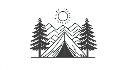 Obraz premium Mountain camping tent graphic, sunny day, pine trees, adventure travel design