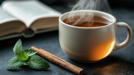 A cup of tea with a cinnamon stick and a leaf of mint on a table