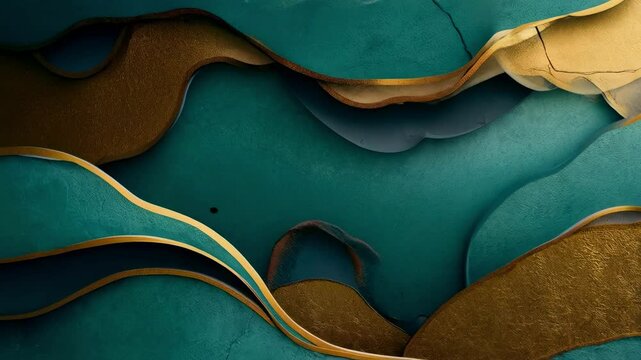 Abstract Colorful Waves with Gold Edges in Teal, Cream, and Green - Artistic Background for Graphic Design and Modern Decor