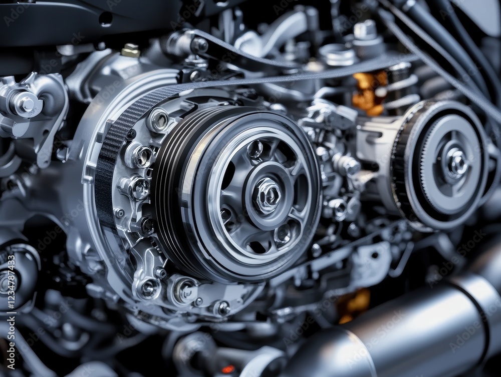 Poster a detailed view of a sophisticated engine component, showcasing intricate parts and modern design, e