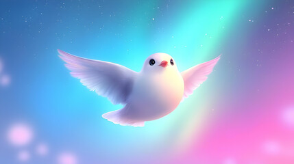 Fototapeta premium White dove soaring, aurora borealis background, peace, hope