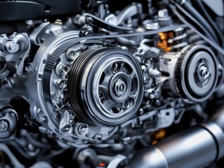 Fototapeta premium A detailed view of a sophisticated engine component, showcasing intricate parts and modern design, emphasizing the engineering marvel behind automotive performance and innovation.