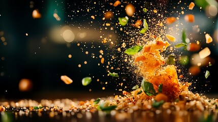 Food falling in the air showcasing modern culinary trends and presentation techniques in contemporary cuisine