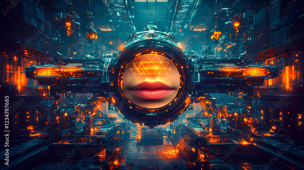 Aufkleber futuristic machinery with glowing orange lights and a central holographic display featuring stylized