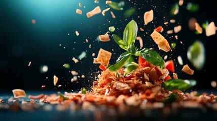 A colorful assortment of food items arranged with fresh leaves showcasing current food trends