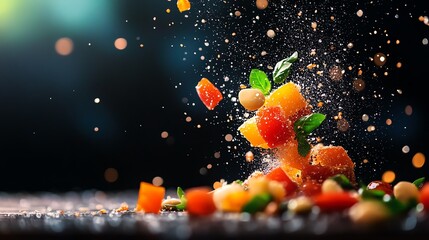 A colorful assortment of various fruits falling through the air against a bright background showcasing food trends