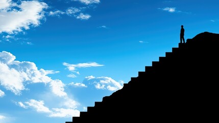 Obraz premium A silhouette of a person standing atop a staircase against a blue sky with clouds, symbolizing aspiration and achievement.