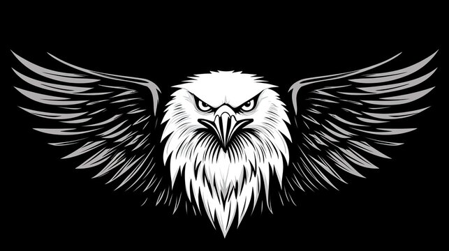 Majestic eagle wings spread, fierce gaze, dark background, graphic design element