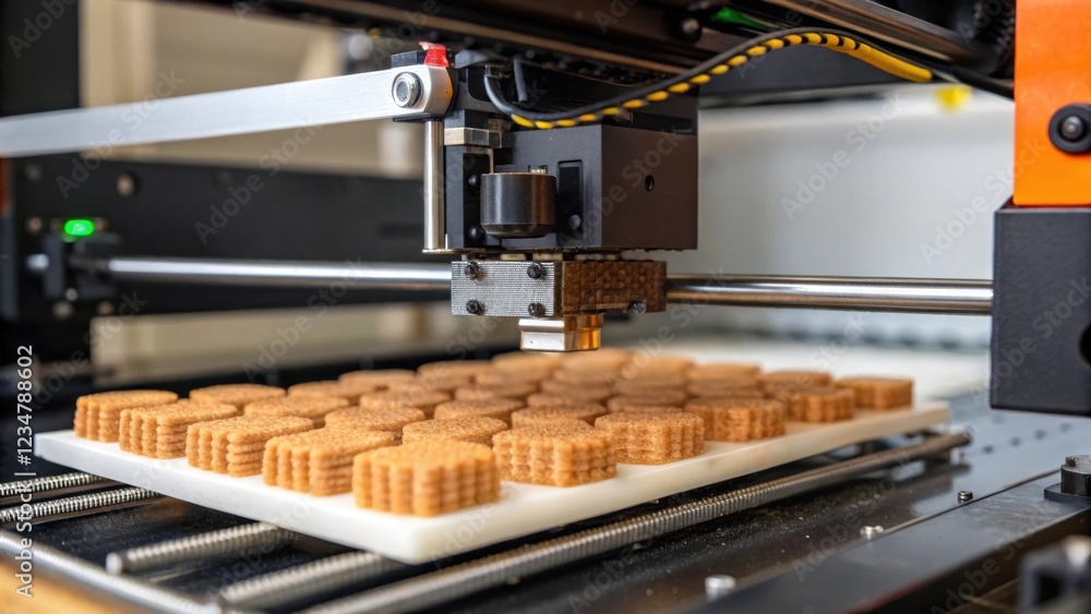 Poster automated food printing machine creating small cookies on a conveyor belt, showcasing the future of 