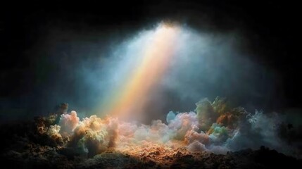 Fototapeta premium Ethereal Light Beams Through Colorful Clouds Over a Dark Atmospheric Background