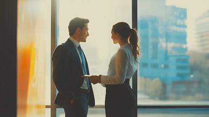 Business meeting between professionals modern office portraits of people engaged in discussion urban environment captivating view