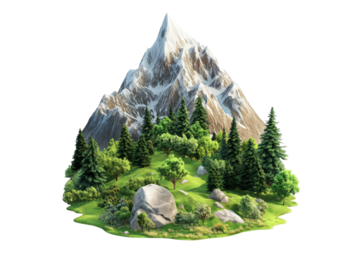 Mountain with green trees and grass.