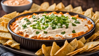 Fototapeta premium Super Bowl Buffalo Chicken Dip - savory spicy dip made with the classic Frank’s Red Hot Sauce, flavorful rotisserie chicken, rich cream cheese and mayo, melty cheese and a few fresh herbs.