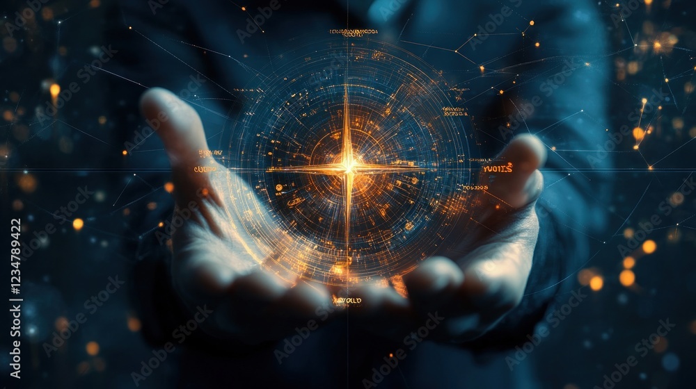 Poster person holding a glowing circular network with lines and text