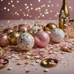 A pink and gold New Year’s Eve celebration scene with white confetti.