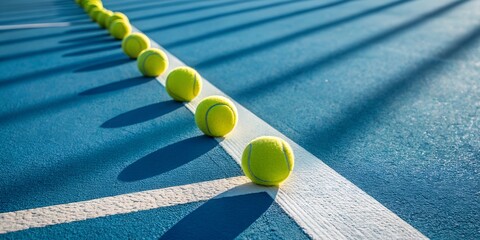 A row of tennis balls aligned on a blue court under sunlight. The vibrant yellow tennis balls create depth and contrast, casting shadows on the textured playing surface.