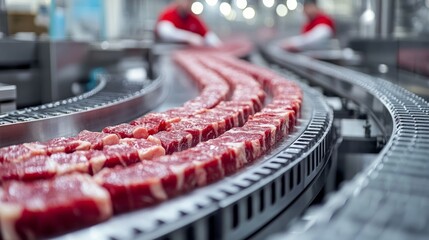 Juicy steaks are moving along a conveyor line in a meat processing plant