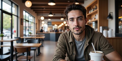 Young man thoughtfully sips coffee in a bustling cafe, lost in contemplation amidst the warm ambiance and gentle chatter.