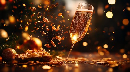 Glass of champagne with falling cone and festive decorations for holiday celebrations