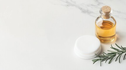 A bottle of oil and a white cotton ball are on a white background