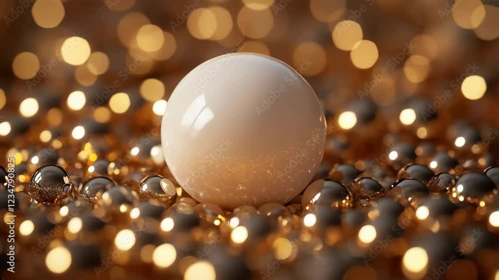 Poster elegant pearl sphere reflecting warm golden light in dynamic bokeh sequence