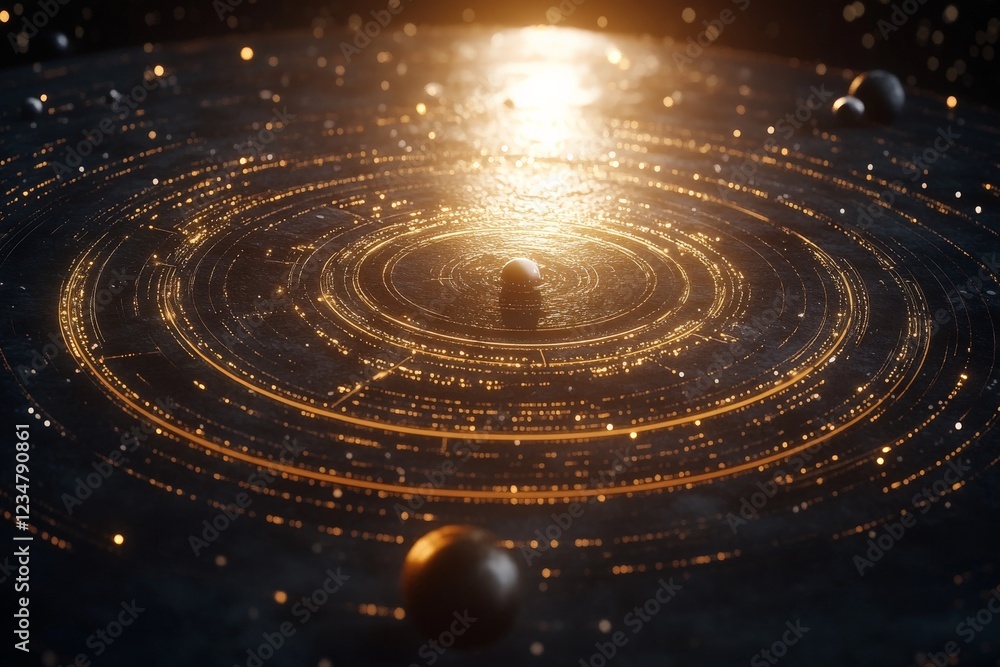Poster captivating cosmic landscape showcasing circular celestial orbits and glowing stars in a vast univer